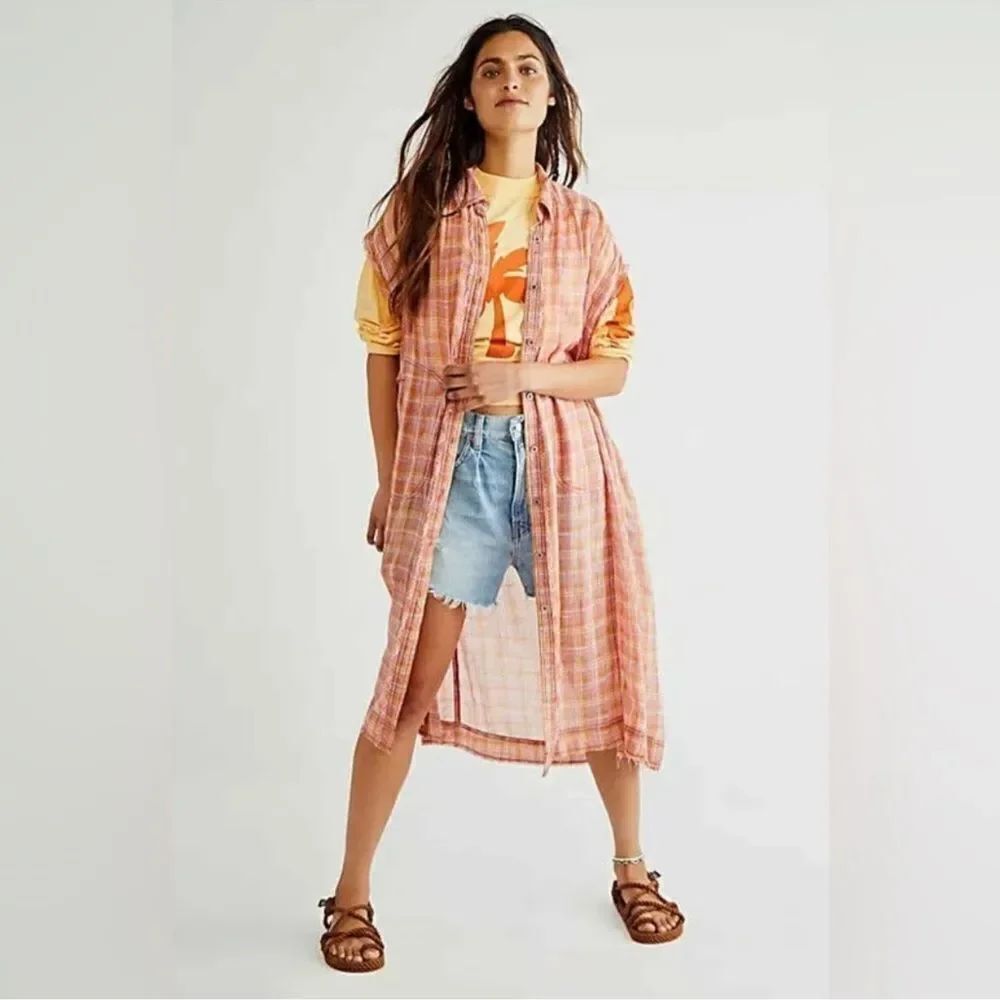 NWT Free People Isabelle Plaid Maxi Shirt Dress Duster pink/orange L
